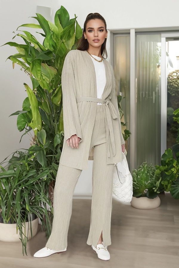 Trendyol Trendyol Stone-Belted Kimono with Slit Detailed Legs and Trousers, Woven Set