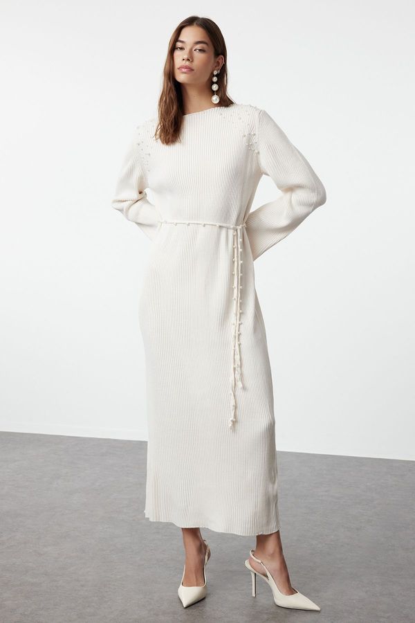 Trendyol Trendyol Stone Belted Pearl Detailed Corduroy Knitwear Dress