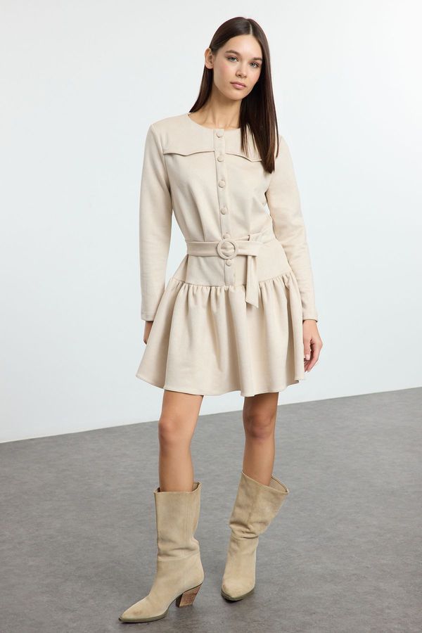 Trendyol Trendyol Stone Belted Skater/Waist Open Pleated Skirted Suede Mini Woven Dress