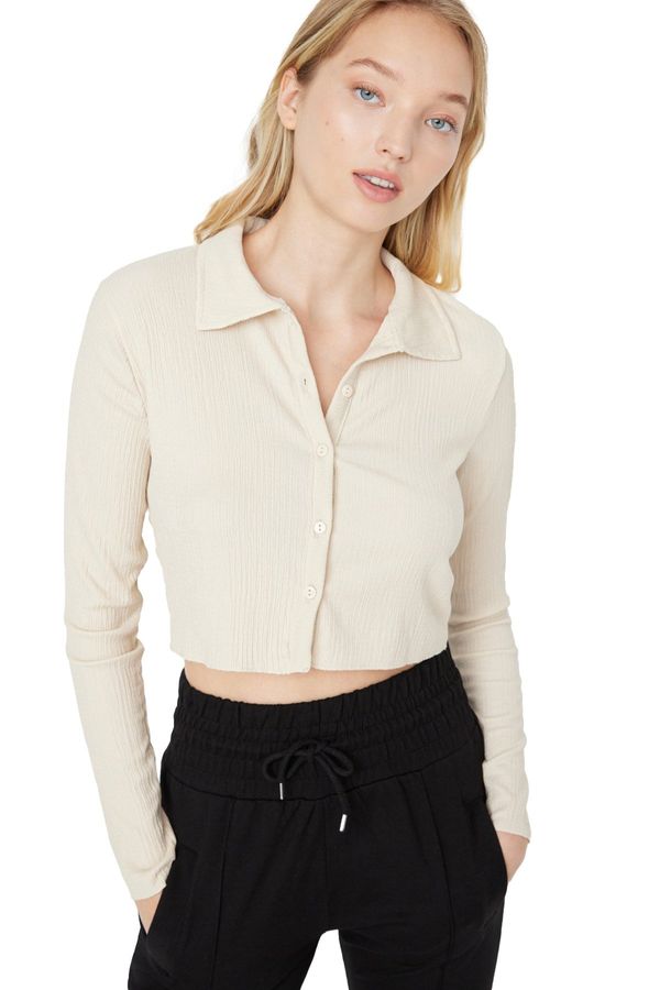 Trendyol Trendyol Stone Buttoned Fitted/Situated Polo Neck Crepe/Textured Crop Pletena bluza