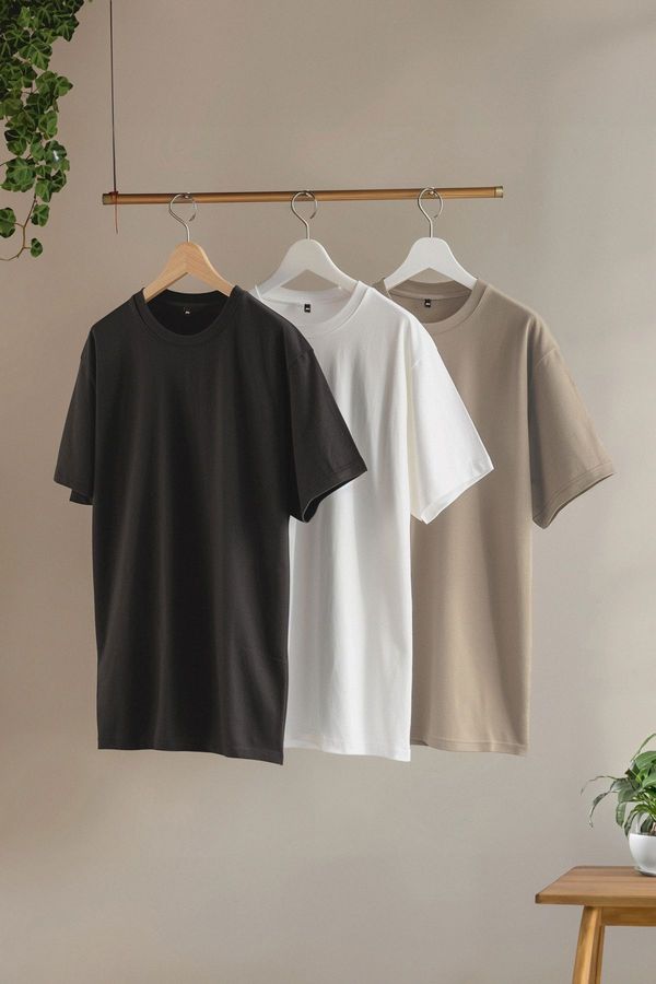 Trendyol Trendyol Stone-Ecru-Anthracite Slim/Slim Cut Crew Neck Basic 100% Cotton 3-Pack T-Shirt