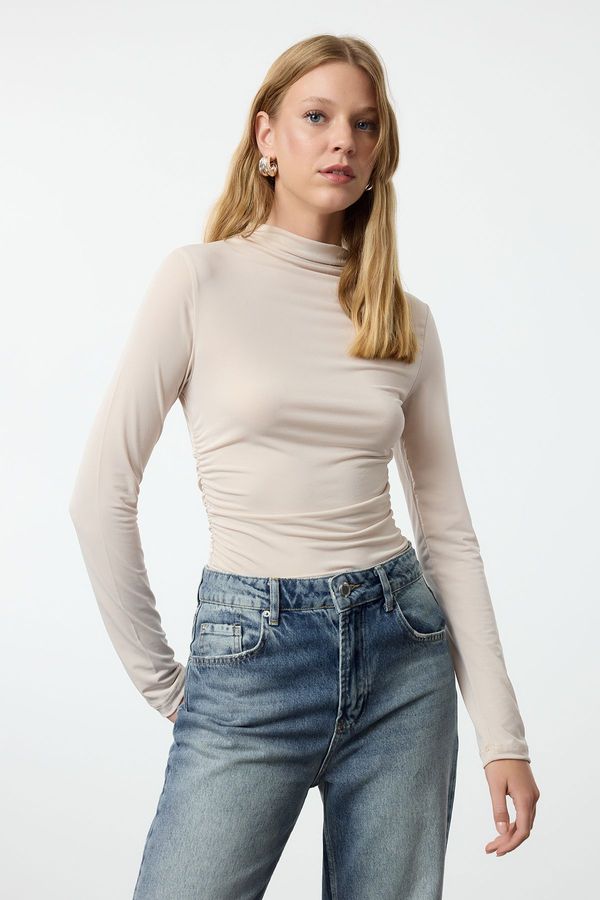 Trendyol Trendyol Stone Gather Detailed High Collar Fitted/Long Sleeve Fitted Stretchy Knitted Blouse