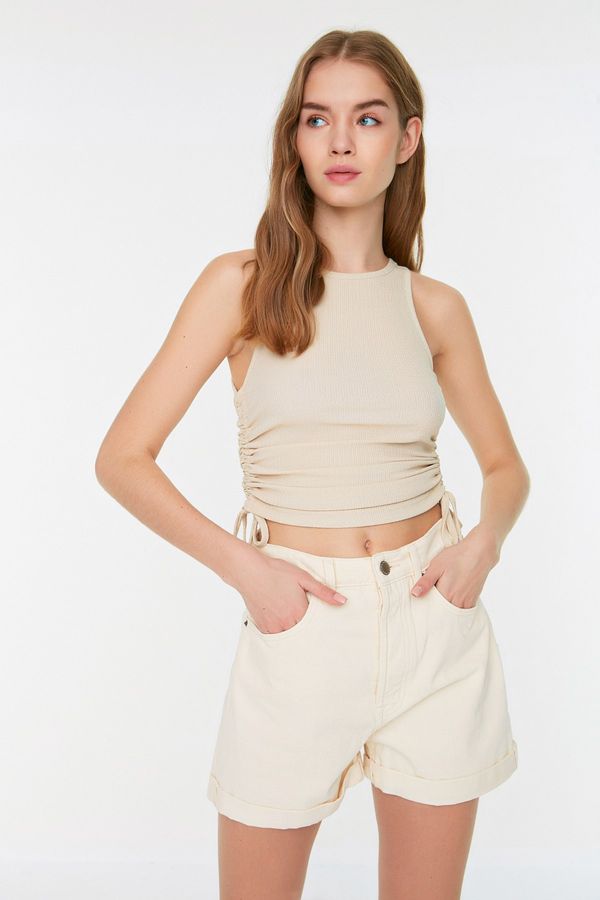 Trendyol Trendyol Stone Gathered Detail Crepe Fabric Crop Knitted Blouse