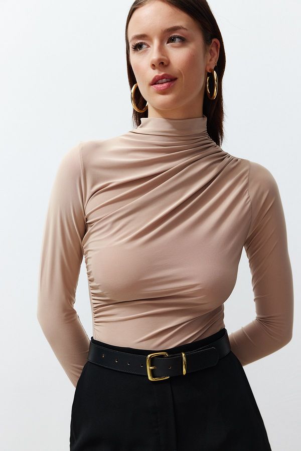 Trendyol Trendyol Stone Gathered Square Neck Fitted Elastic Knitted Blouse