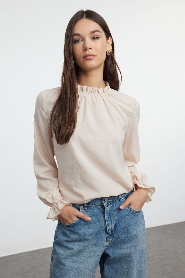 Trendyol Trendyol Stone High Collar Long Sleeve Woven Blouse