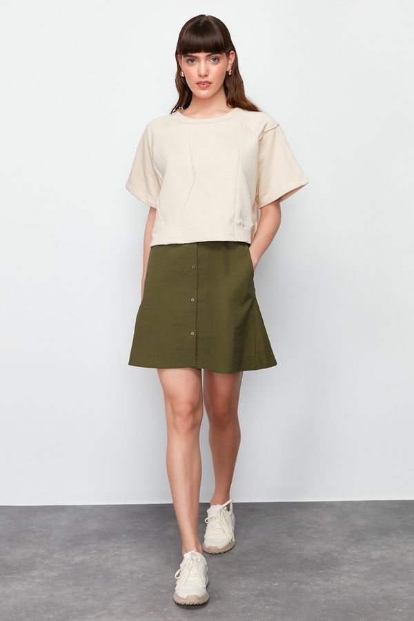 Trendyol Trendyol Stone-Khaki Parachute Skirt Detailed Crew Neck Midi Knitted T-shirt Dress