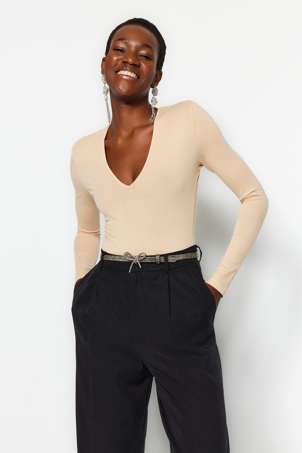 Trendyol Trendyol Stone Knitted Deep V Neck Studded Bodysuit