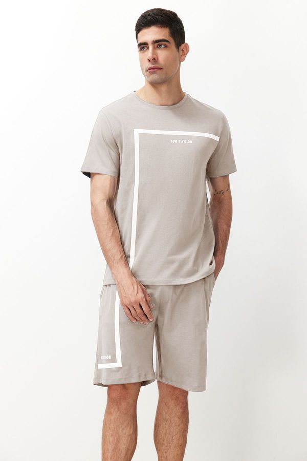 Trendyol Trendyol Stone Men&#39;s Regular Fit Crew Neck Printed Knitted Pajama Set with Shorts
