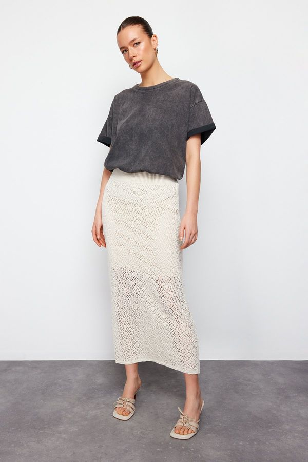 Trendyol Trendyol Stone Midi Lined Openwork/Perforated Knitwear Skirt