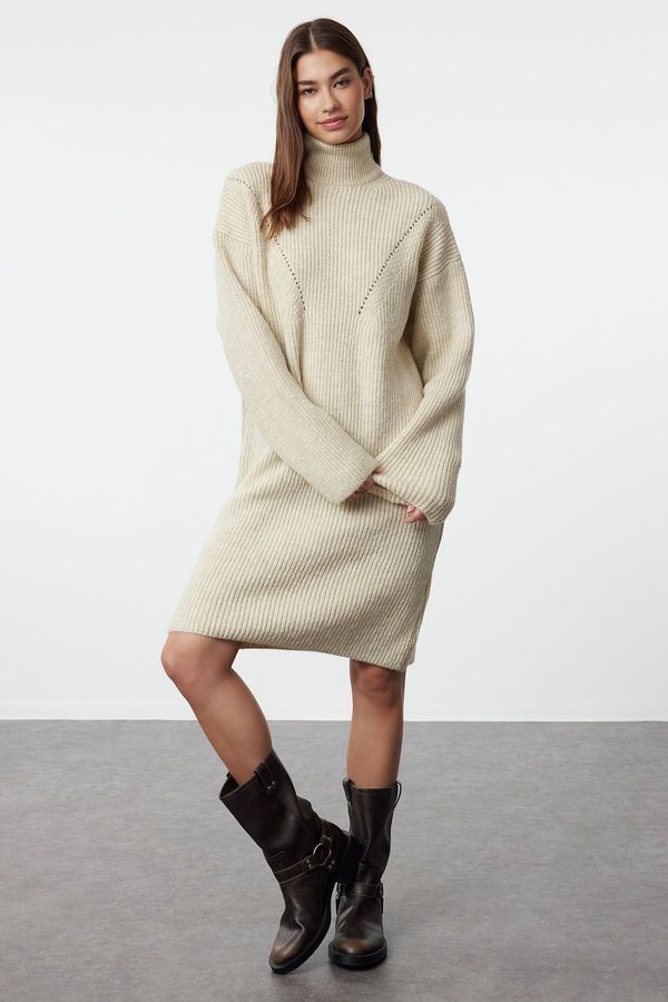 Trendyol Trendyol Stone Mini Knitwear Stand Collar Soft Textured Sweater Dress