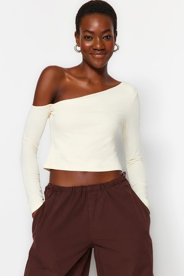Trendyol Trendyol Stone One-Shoulder Cotton Knitted Blouse with an Stretchy Fitted/Simple Crop