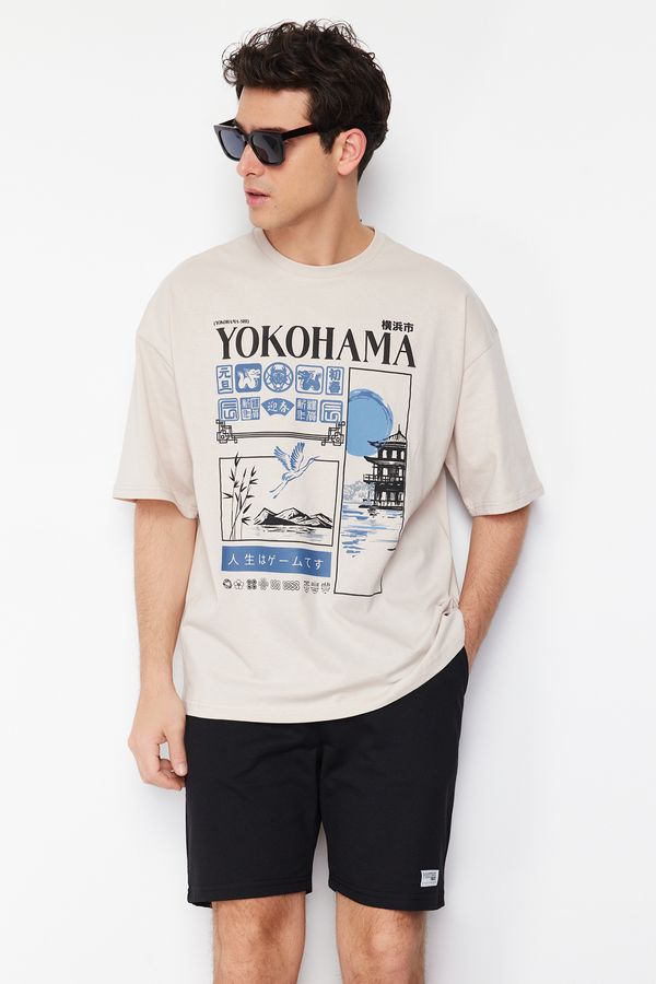 Trendyol Trendyol Stone Oversize Far East Printed 100% Cotton T-Shirt