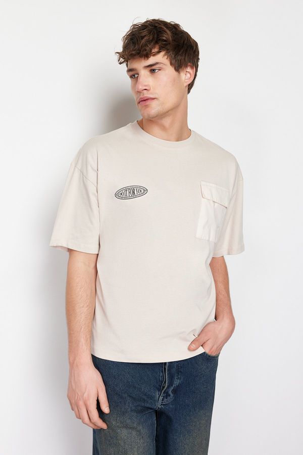 Trendyol Trendyol Stone Oversize Special Pocket Detailed Printed 100% Cotton T-Shirt