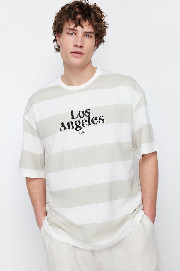 Trendyol Trendyol Stone Oversize Striped City Printed 100% Cotton T-Shirt