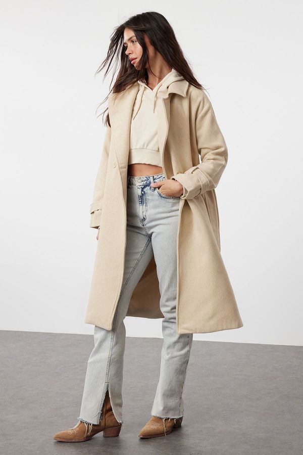 Trendyol Trendyol Stone Oversize Wide Cut Belted Long Wool Coat