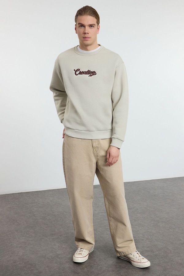 Trendyol Trendyol Stone Oversize/Wide Cut Text Embroidered Inside Polar Fleece Sweatshirt