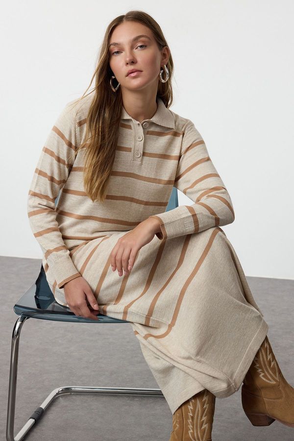 Trendyol Trendyol Stone Polo Collar Striped Knit Dress