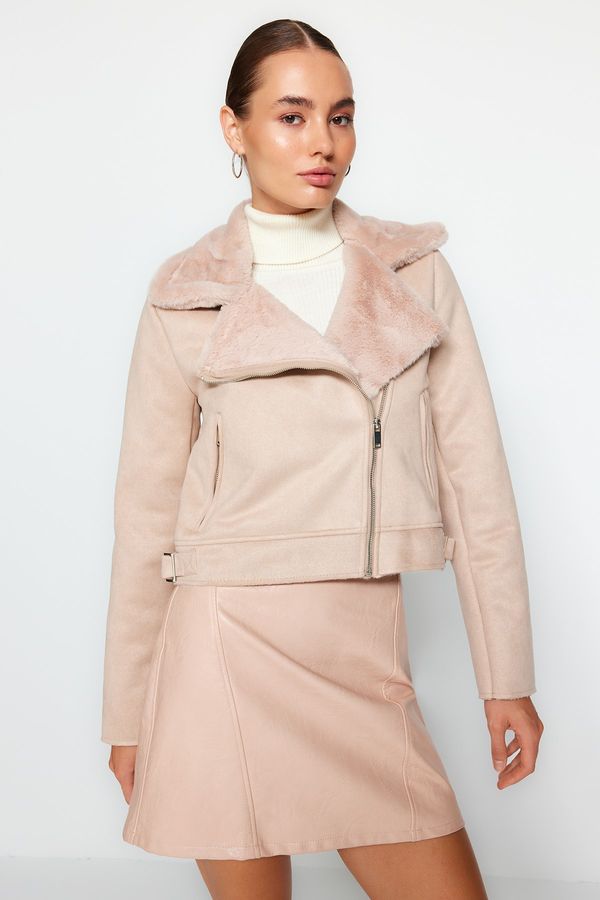 Trendyol Trendyol Stone Premium Faux Leather & Plush Jacket Coat