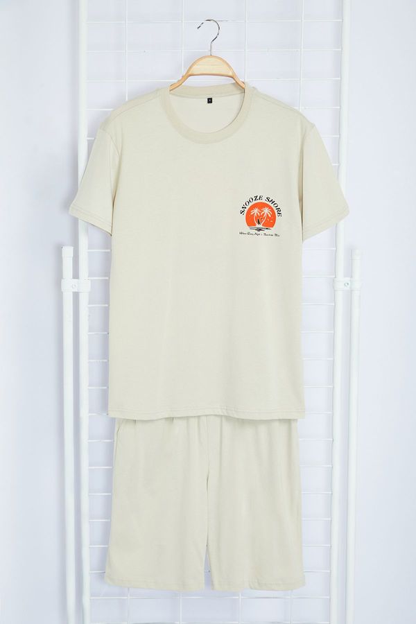Trendyol Trendyol Stone Printed Regular Fit Pajama Set with Knitted Shorts