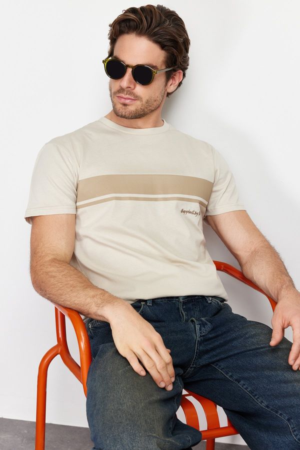 Trendyol Trendyol Stone Regular/Real Fit Crew Neck Short Sleeve Striped Printed 100% Cotton T-shirt