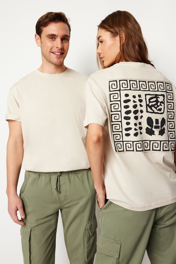 Trendyol Trendyol Stone Relaxed/Comfortable Cut Back Patch Detailed Printed 100% Cotton T-shirt