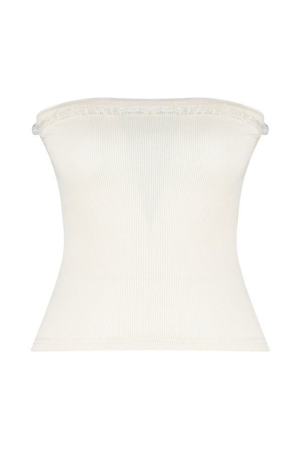 Trendyol Trendyol Stone Ribbed Strapless Collar Woven Garnish Fitted Cotton Crop Knitted Blouse