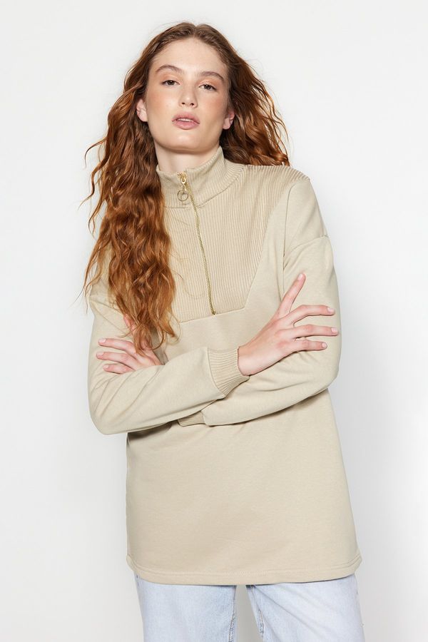 Trendyol Trendyol Stone Sleeve and Collar Detail, Zippered Knitted Sweatshirt