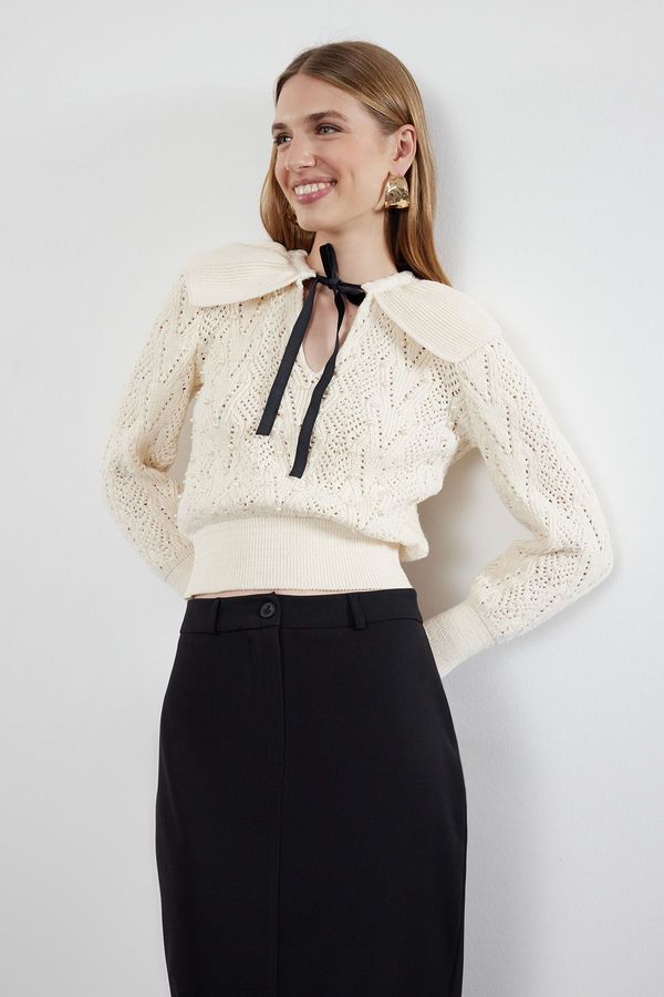 Trendyol Trendyol Stone Soft Texture Ribbon/Bow and Pearl Detailed Knitwear Sweater