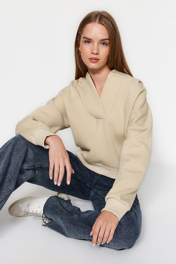 Trendyol Trendyol Stone Thick Fleece Hooded Comfort-Cut Crop Knitted Sweatshirt