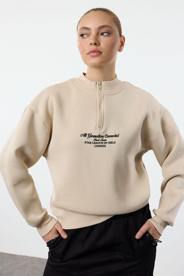 Trendyol Trendyol Stone Thick Inside Fleece Zipper Stand Collar Oversize/Wide Fit Knitted Sweatshirt