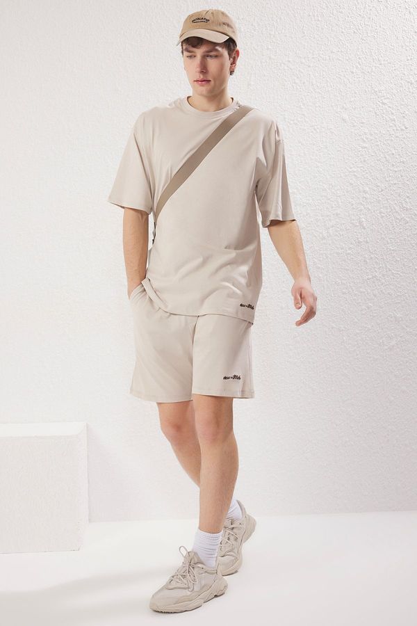 Trendyol Trendyol Stone Tracksuit Oversize Text Embroidered 100% Cotton