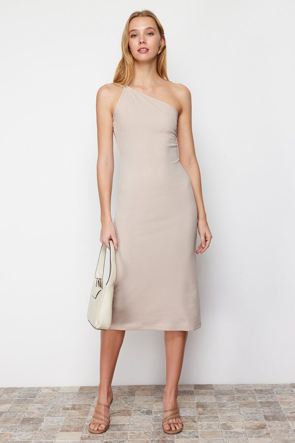 Trendyol Trendyol Stone Unlined One-Shoulder A-Line/A-Line Form Midi Smart Crepe Strappy Knitted Dress