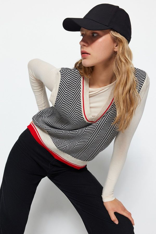 Trendyol Trendyol Stone V-Neck Geometric Pattern Knitwear Sweater