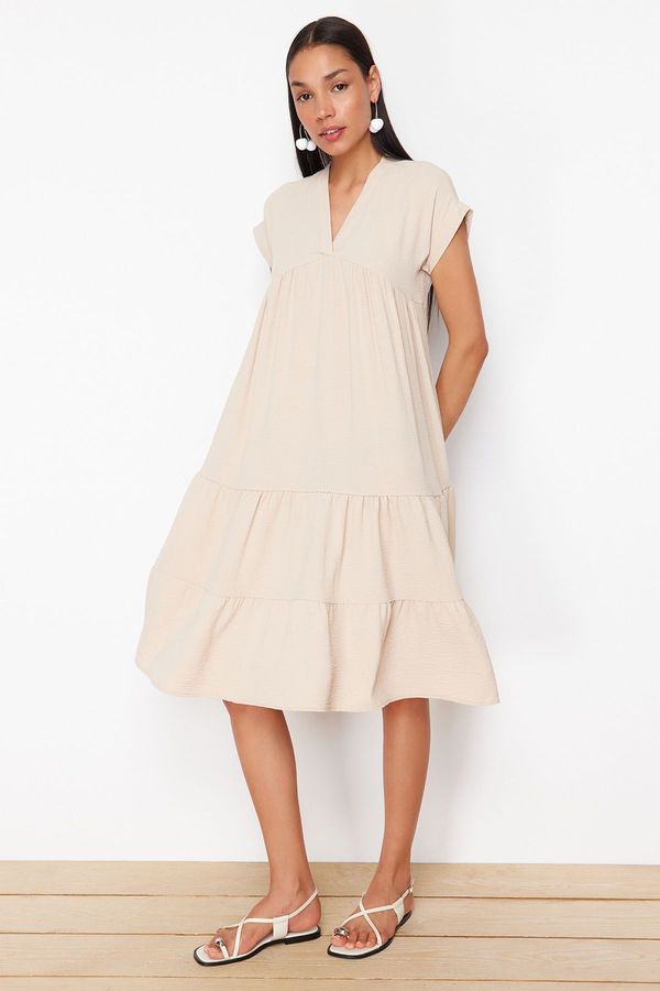 Trendyol Trendyol Stone Wide Cut V-Neck Skirt Asymmetric Flounce Aerobin Woven Dress