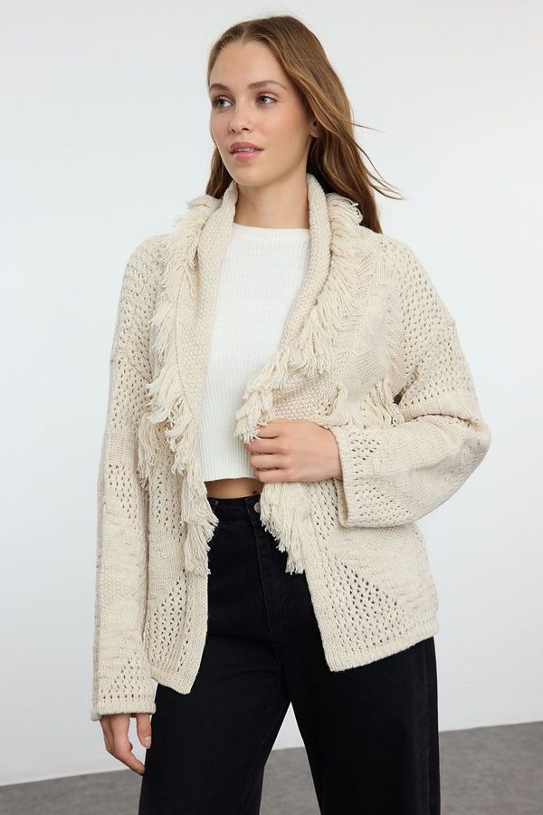 Trendyol Trendyol Stone Wide Pattern Tassel Detailed Knitwear Cardigan