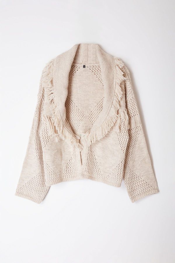 Trendyol Trendyol Stone Wide Pattern Tassel Detailed Knitwear Cardigan