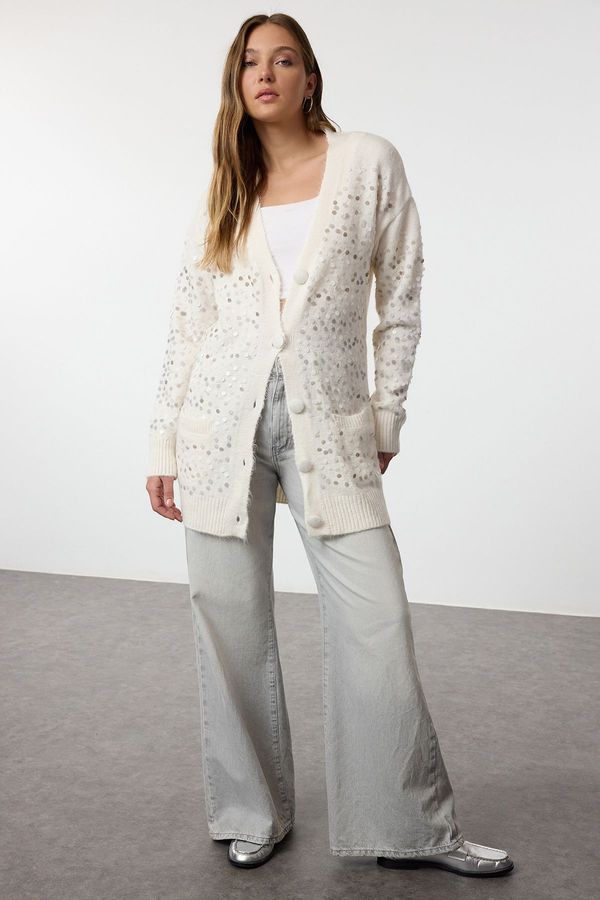 Trendyol Trendyol Stone Wool Sequin Embroidered Knitwear Cardigan