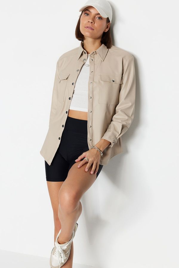 Trendyol Trendyol Stone Woven Faux Leather Shirt with Double Pockets