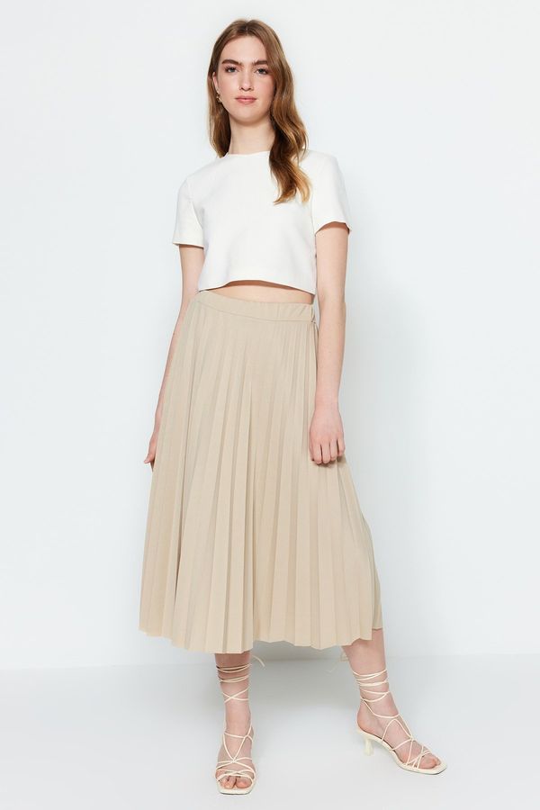 Trendyol Trendyol Stones Flared High Waist Midi Pleated Smart Crepe Knitted Skirt