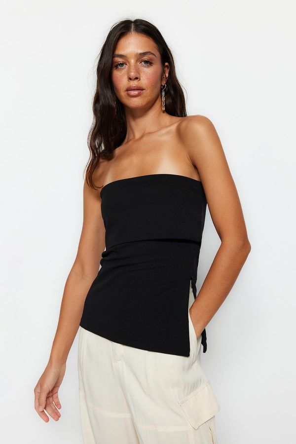Trendyol Trendyol Strapless Black Crepe Knitted Blouse with Zipper at the Side
