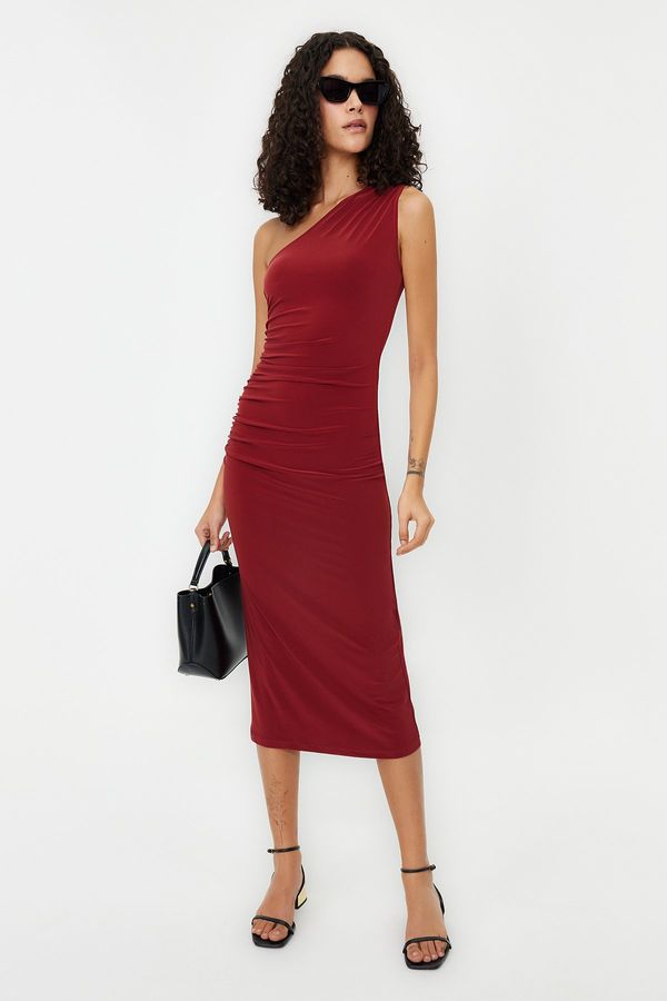 Trendyol Trendyol Tile One Shoulder Draped Fitted Midi Stretch Knitted Dress