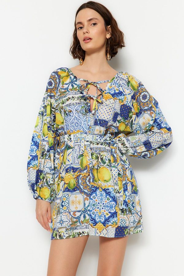 Trendyol Trendyol Tile Patterned Wide Fit Mini Woven 100% Cotton Beach Dress