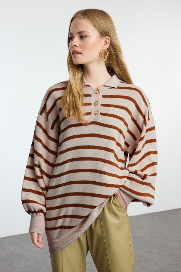 Trendyol Trendyol Tile Striped Balloon Sleeve Polo Neck Knitwear Sweater