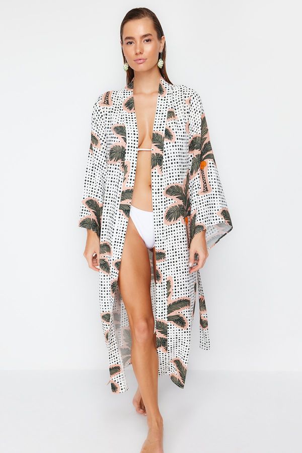 Trendyol Trendyol Tropical Patterned Belted Maxi Woven 100% Cotton Kimono&amp;Kaftan