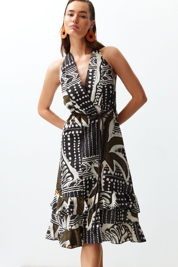 Trendyol Trendyol Tropical Patterned Belted Maxi Woven Ruffled 100% Cotton Beach Dress