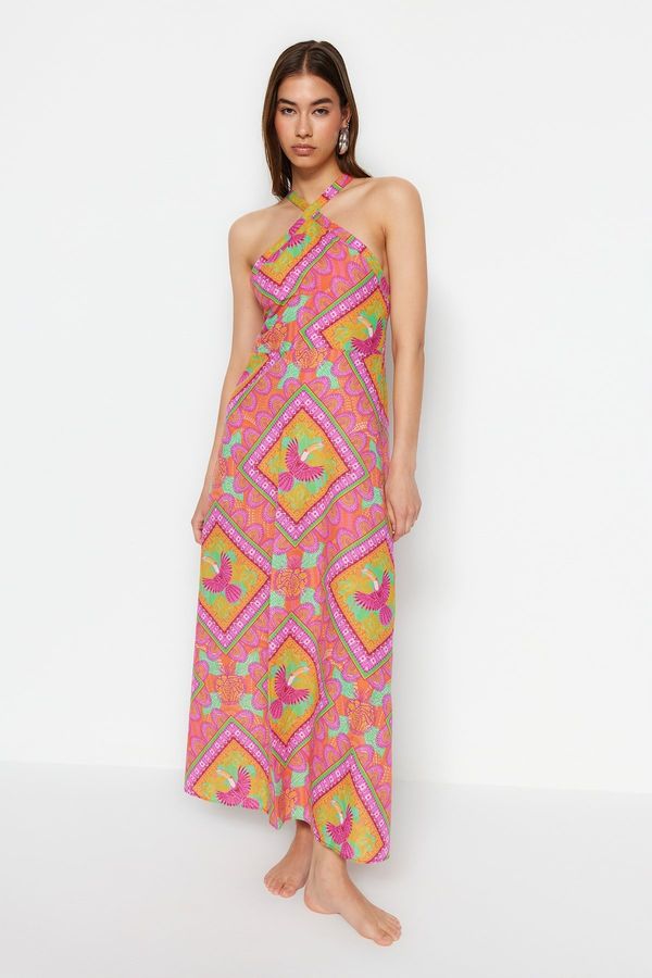 Trendyol Trendyol Tropical Patterned Maxi Woven 100% Cotton Beach Dress