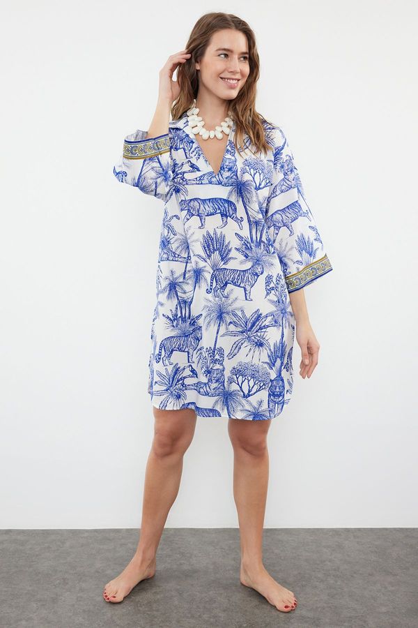 Trendyol Trendyol Tropical Patterned Wide Fit Midi Woven 100% Cotton Beach Dress