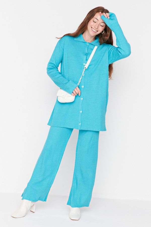 Trendyol Trendyol Turquoise Slit Detailed Cardigan-Pants Knitwear Set