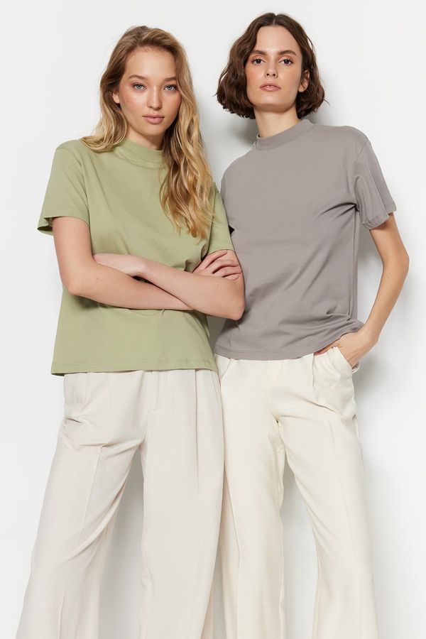 Trendyol Trendyol ulje zeleno-sivo 2 pakovanje 100% pamuk Basic Stand Collar pletena majica