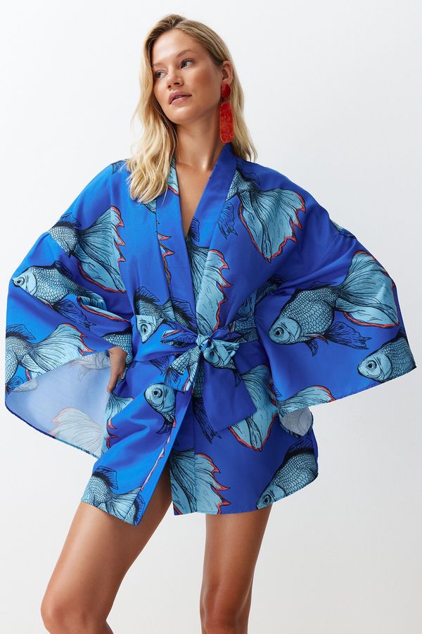 Trendyol Trendyol Underwater Patterned Belted Mini Woven Kimono & Kaftan